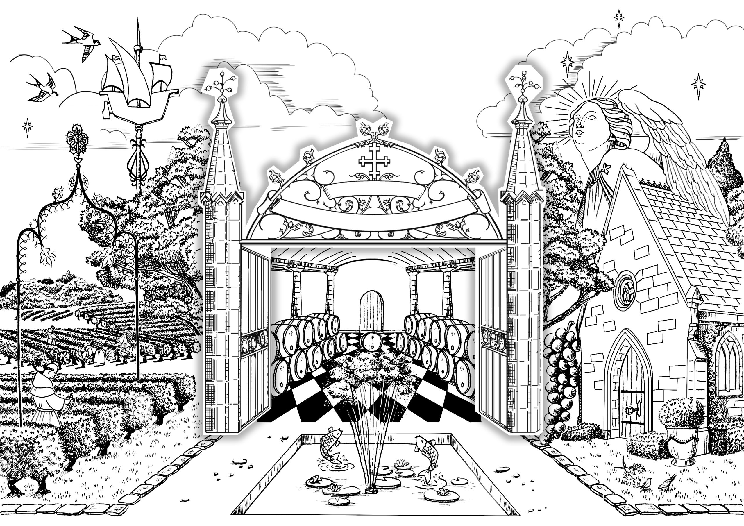 illustration traditionnelle à l'encre représentant un paysage viticole pour un célèbre Château Bordelais, la Mission Haut-Brion